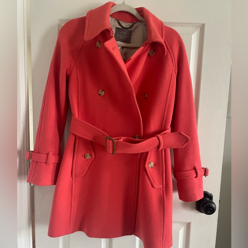 J. Crew Coral Double Cloth Trench Coat with Notched Collar and Self-Tie Belt